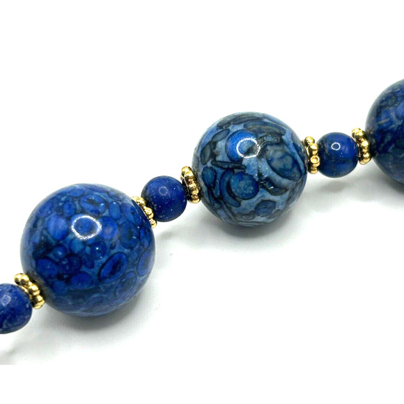Vintage Art Deco Glass Balls Blue Gold Swirly Bead Necklace Hook Closure - Picture 7 of 8